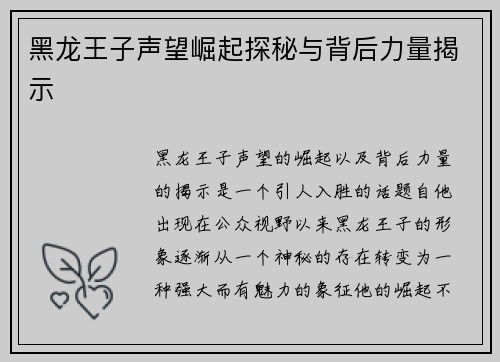 黑龙王子声望崛起探秘与背后力量揭示